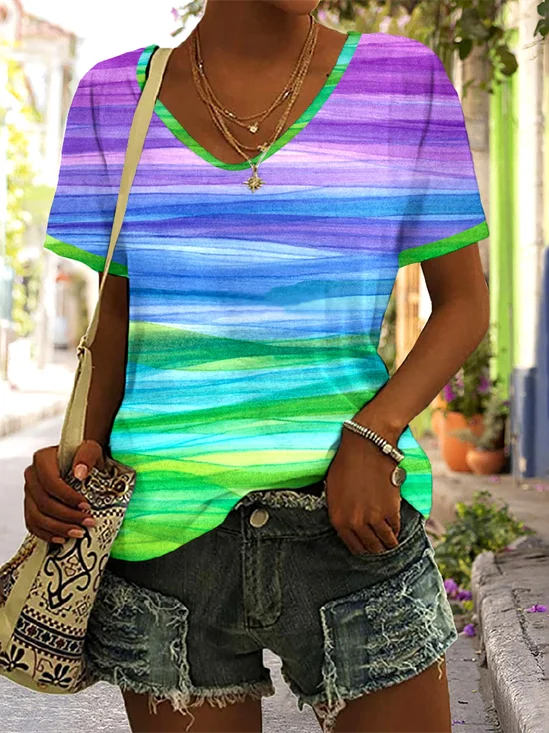 Casual Floral V Neck Short Sleeve T-shirt