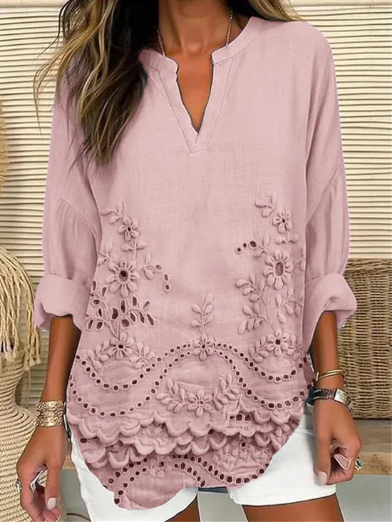V Neck Long Sleeve Floral Regular Loose Shirt For Women