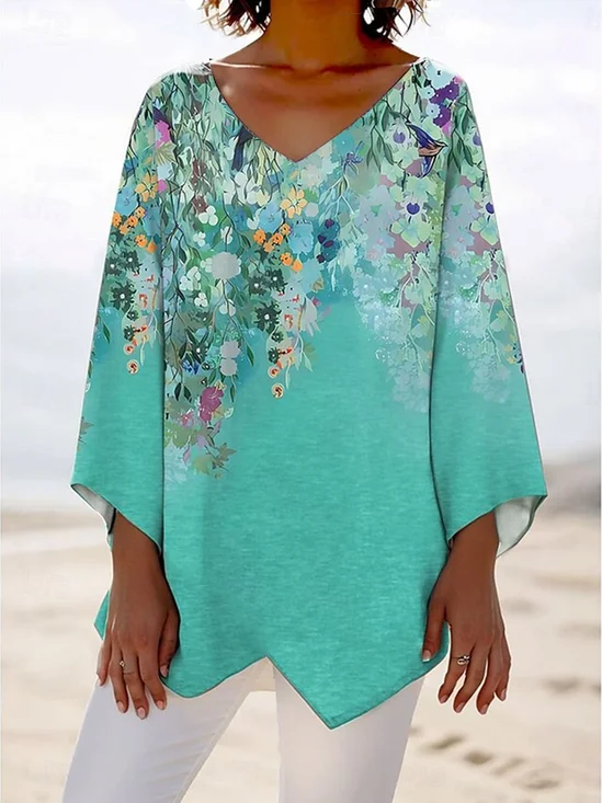 V Neck Long Sleeve Floral Regular Loose Blouse For Women