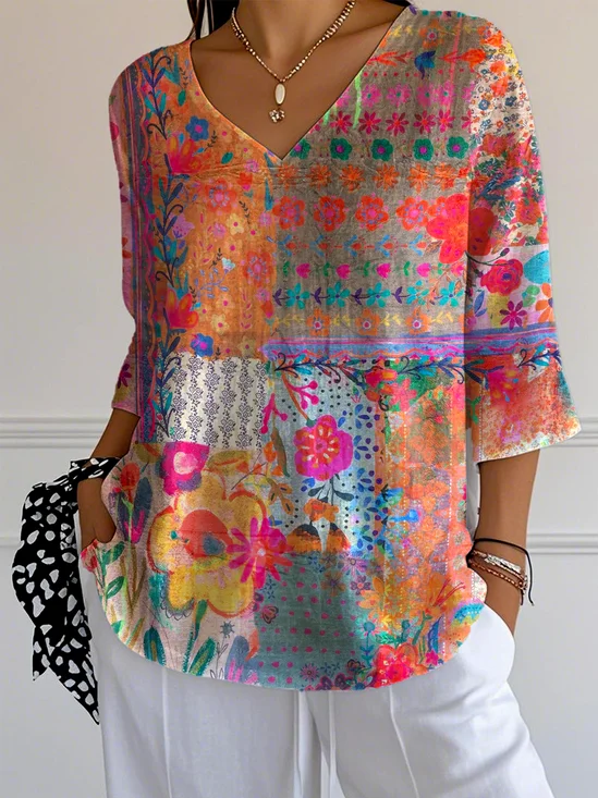 Casual Geometric V Neck Three Quarter Sleeve T-shirt