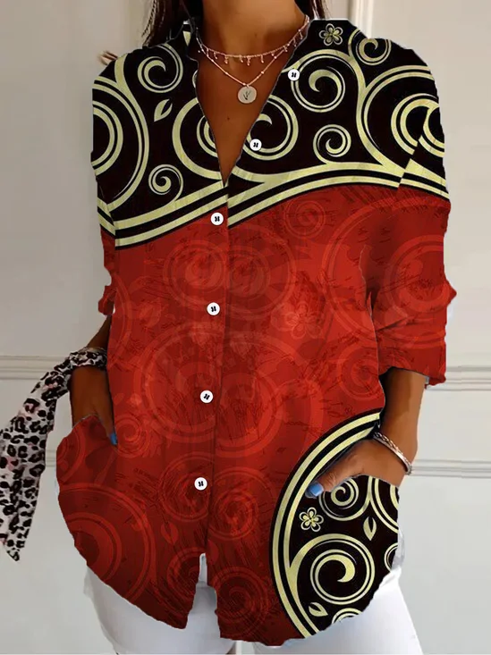 Shirt Collar Long Sleeve Floral Regular Loose Shirt For Women