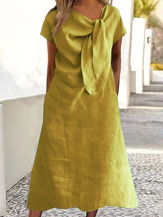 Women Plain Summer Knot Front Dress Short Sleeve H-Line Dress