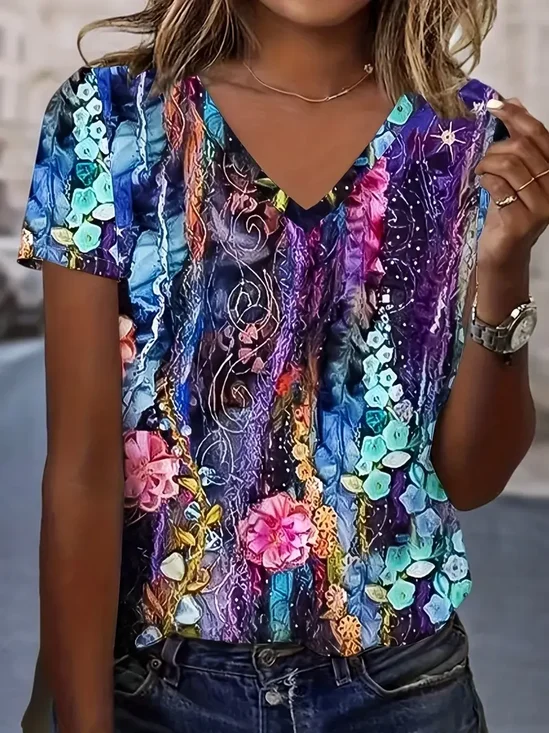 Casual Floral V Neck Short Sleeve T-shirt