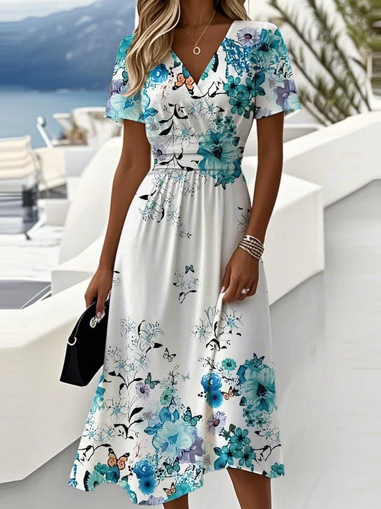 Women Floral Summer Dress V Neck Short Sleeve Beach Dress A-Line Dress
