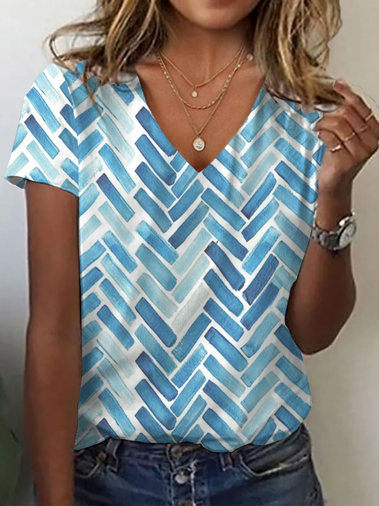 Casual Geometric V Neck Short Sleeve T-shirt