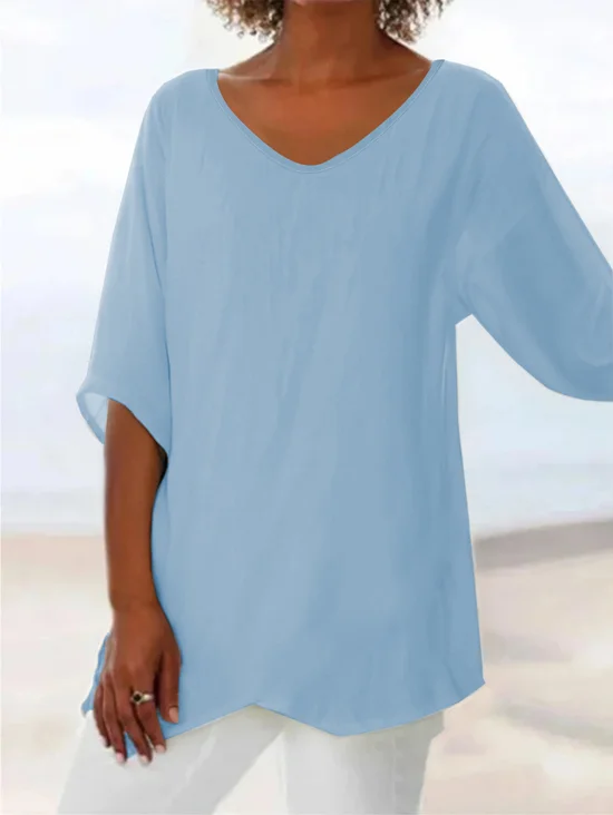 V Neck Short Sleeve Plain Regular Loose Shirt For Women