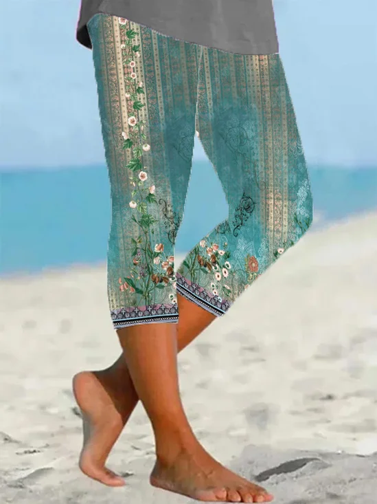 Casual Floral Capris Elastic Waist Printing Pant
