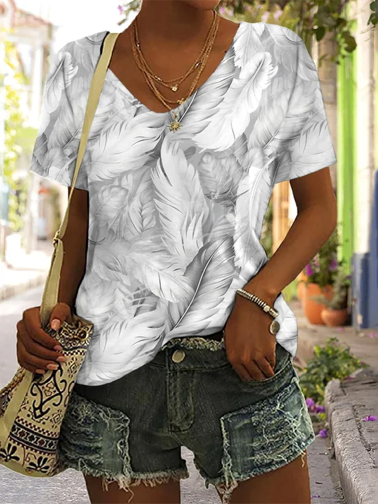 Casual Floral V Neck Short Sleeve T-shirt