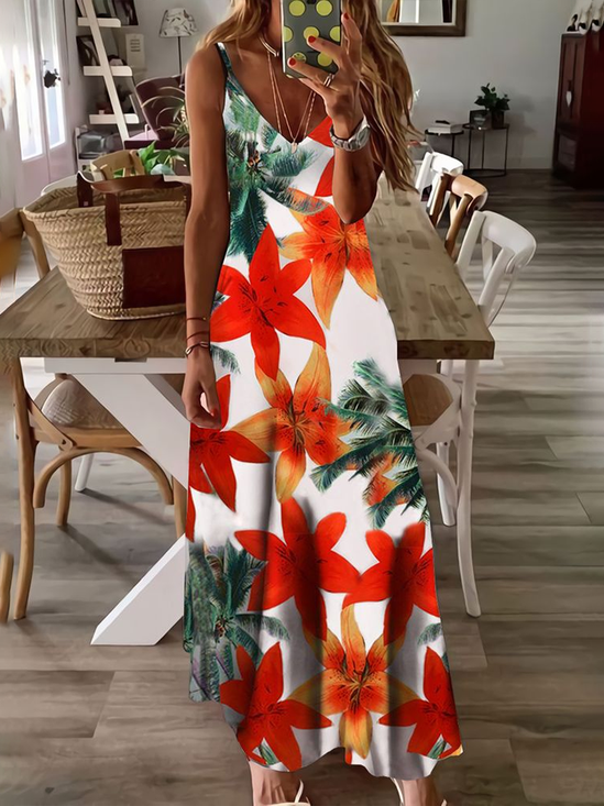 Women Floral Summer Printing Dress V Neck Sleeveless Slip Dress X-Line Dress