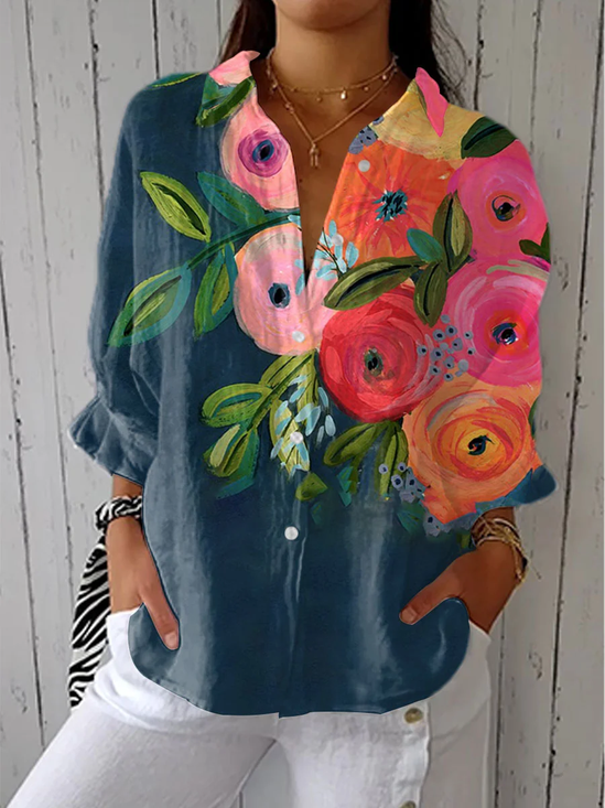Shirt Collar Three Quarter Sleeve Floral Printing Regular Loose Button Up Shirt Shirt For Women
