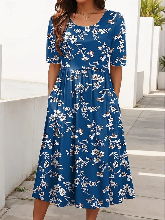 Women Floral Crew Neck Short Sleeve Comfy Casual Maxi Dress