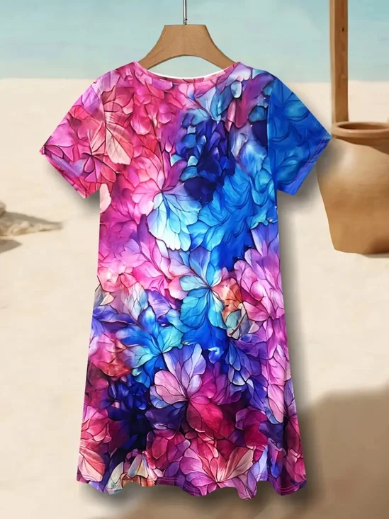 Women Floral V Neck Short Sleeve
                                  Comfy Casual Midi Dress