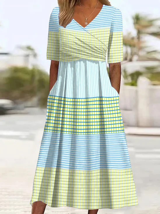 Women Striped V Neck Short Sleeve Comfy Casual Printing Maxi Dress
