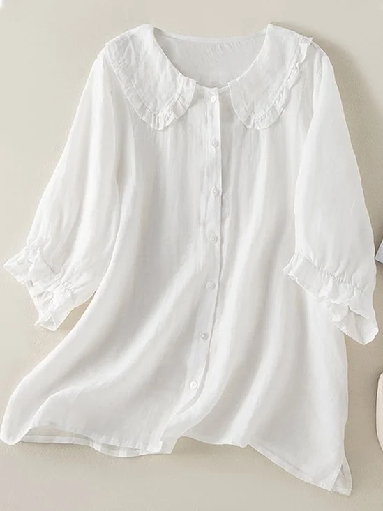 Shawl Collar Short Sleeve Plain Regular Loose Shirt For Women