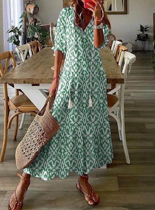 Women Geometric Summer Dress V
                                    Neck Half Sleeve Shirt Dress A-Line
                                    Dress