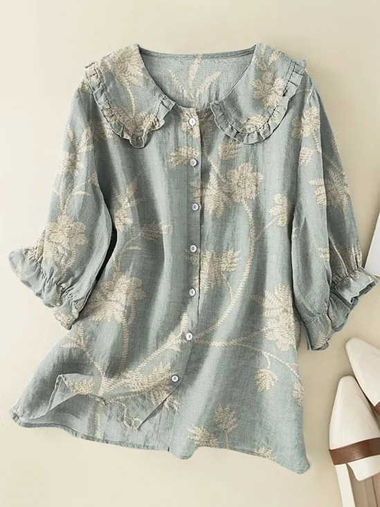 Shawl Collar Short Sleeve Floral Printing Regular Loose Shirt For Women