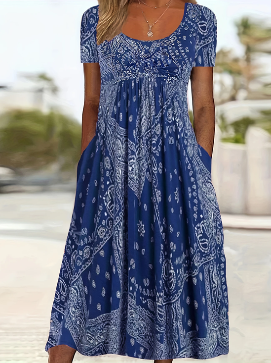 Women Floral Summer Printing
                                    Dress Crew Neck Short Sleeve Shift
                                    Dress H-Line Dress
