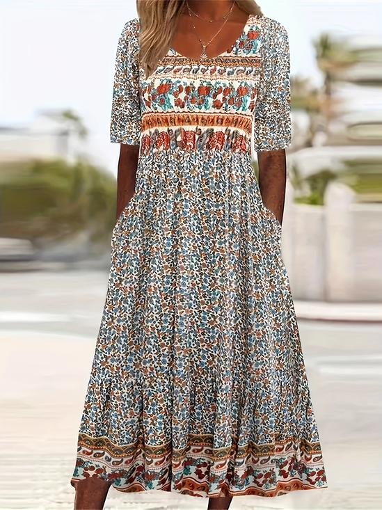 Women Floral Summer Printing Dress Crew Neck Short Sleeve Shift Dress H-Line Dress