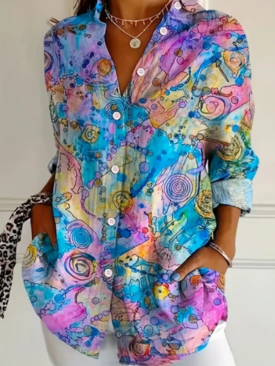 Shirt Collar Long Sleeve Abstract Buckle Regular Loose Button Up Shirt Shirt For Women