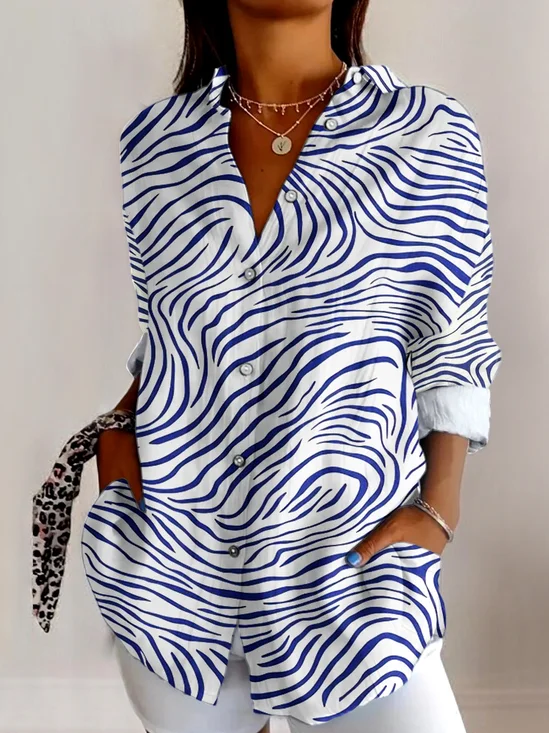 V Neck Long Sleeve Geometric Regular Micro-Elasticity Regular Fit Shirt For Women