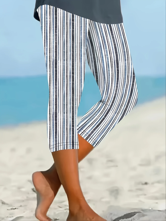 Casual Striped Capris Elastic Waist Printing Pant