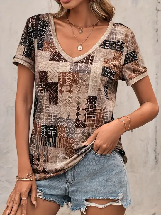 Casual Geometric V Neck Short Sleeve T-shirt