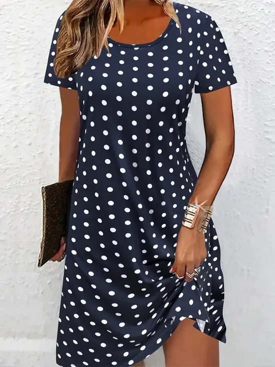 Women Polka Dots Summer Printing Dress Crew Neck Short Sleeve Tunic H-Line Dress