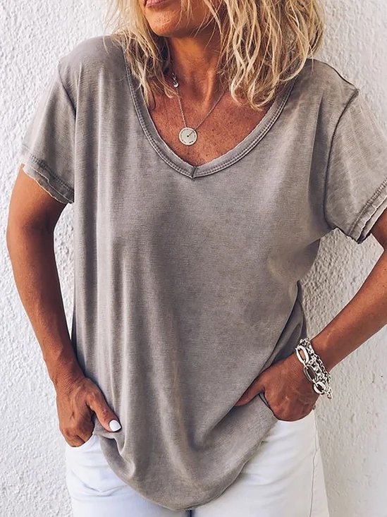 Casual Plain V Neck Short Sleeve T-shirt