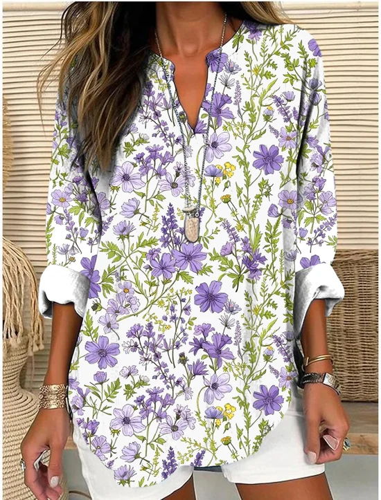 V Neck Long Sleeve Geometric Regular Micro-Elasticity Regular Fit Shirt For Women