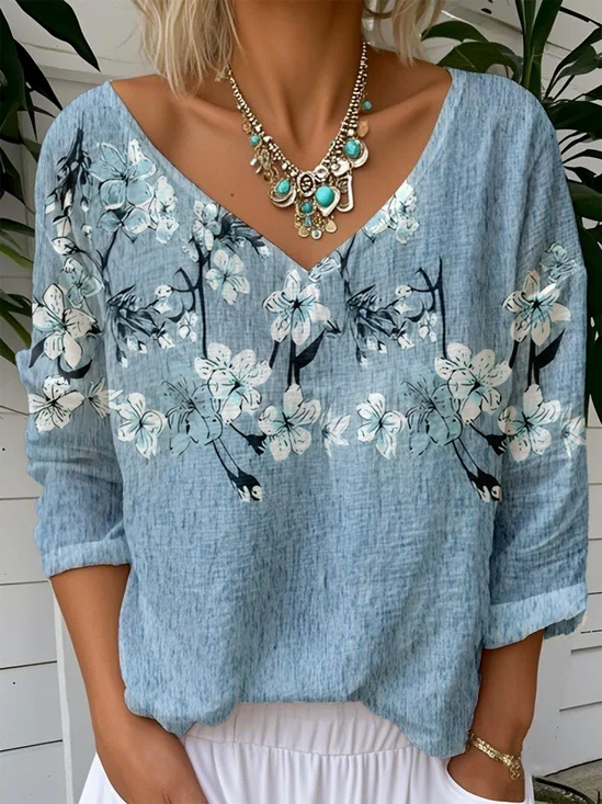Casual Floral V Neck Long Sleeve T-shirt