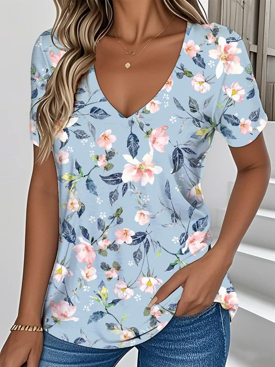 Vintage Floral V Neck Short Sleeve T-shirt