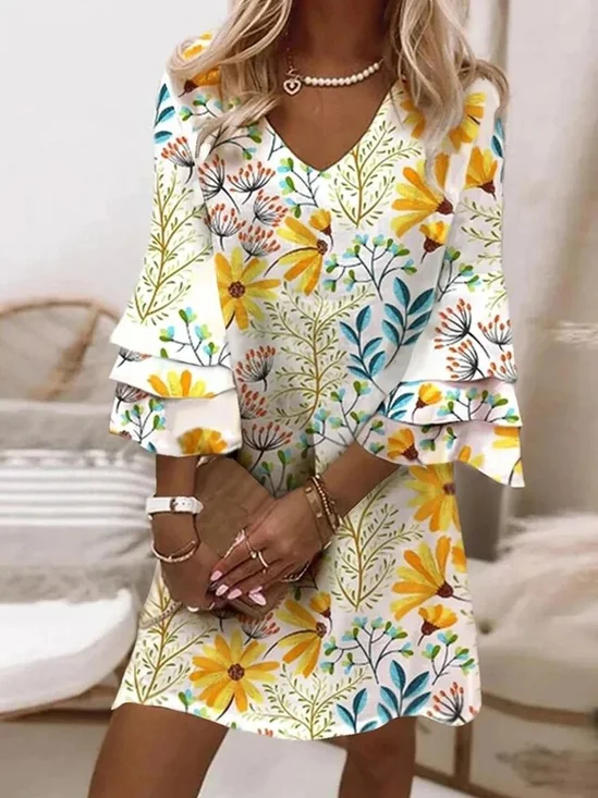 Women Floral Summer
                                        Printing Dress V Neck Half
                                        Sleeve H-Line Dress