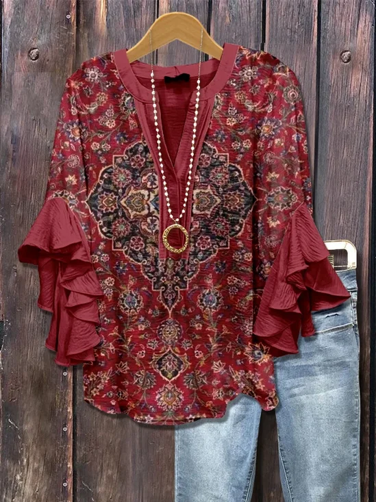 V Neck Half Sleeve Floral Printing Regular Loose Shirt For Women