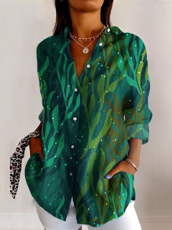 V Neck Long Sleeve Geometric Regular Micro-Elasticity Regular Fit Shirt For Women