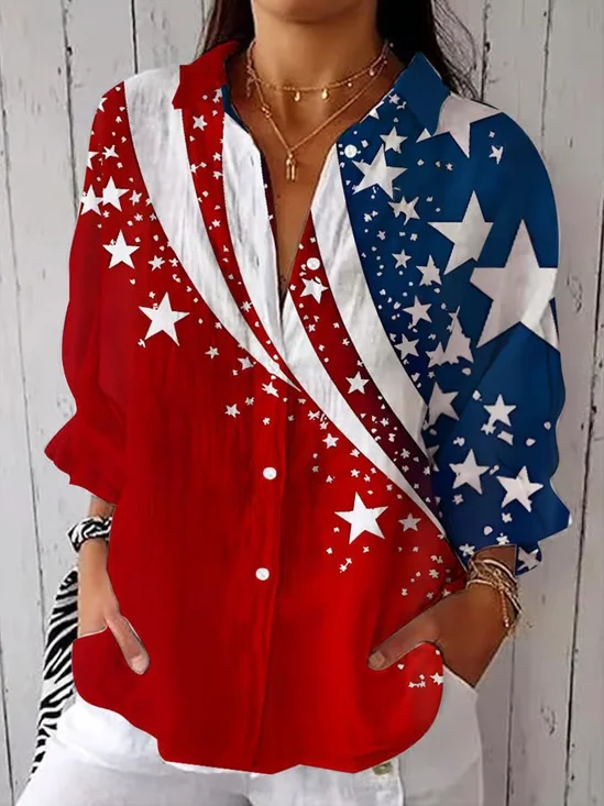 Shirt Collar Three Quarter Sleeve Independence Day (Flag) Printing Regular Loose Shirt For Women