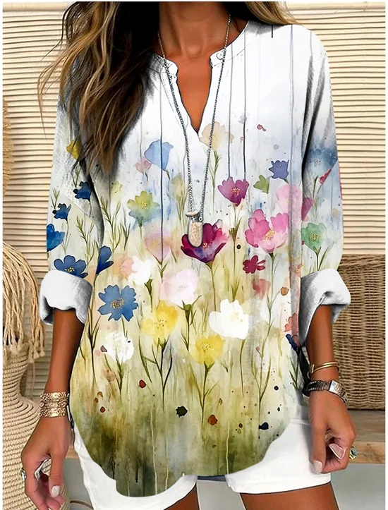 V Neck Long Sleeve Geometric Regular Micro-Elasticity Regular Fit Shirt For Women