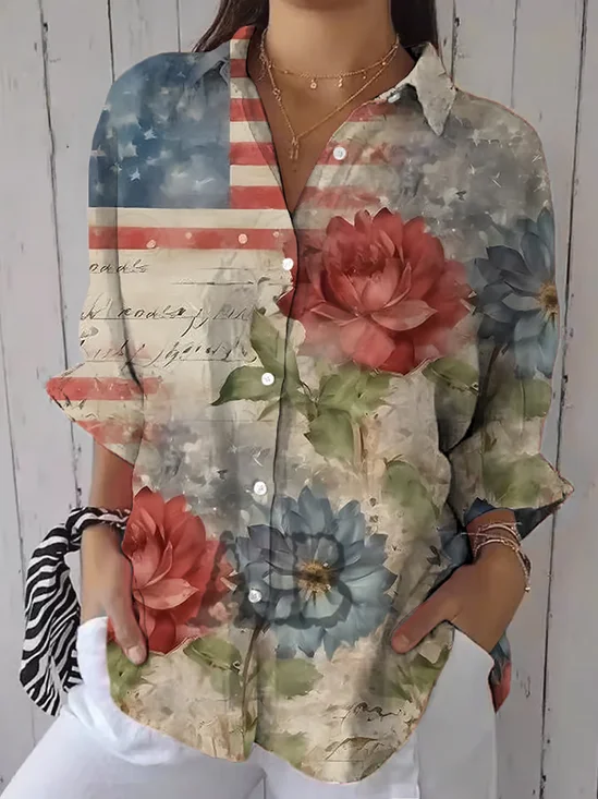 Shirt Collar Three Quarter Sleeve Floral Printing Regular Loose Shirt For Women