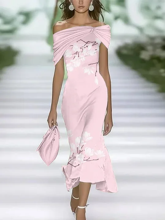 Women Floral Summer Printing Dress Cold Shoulder Cap Sleeve H-Line Dress