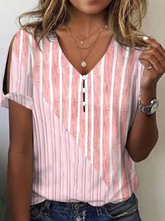 Casual Striped V Neck Short Sleeve T-shirt