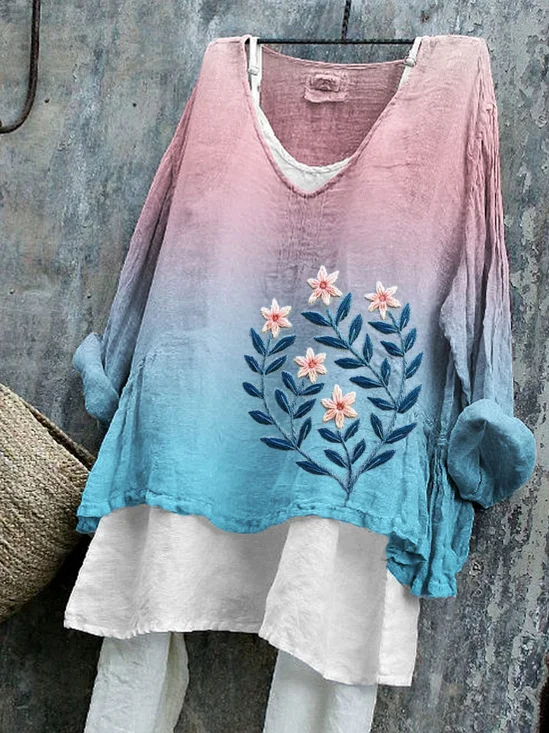 V Neck Long Sleeve Floral Regular Micro-Elasticity Regular Fit Shirt For Women