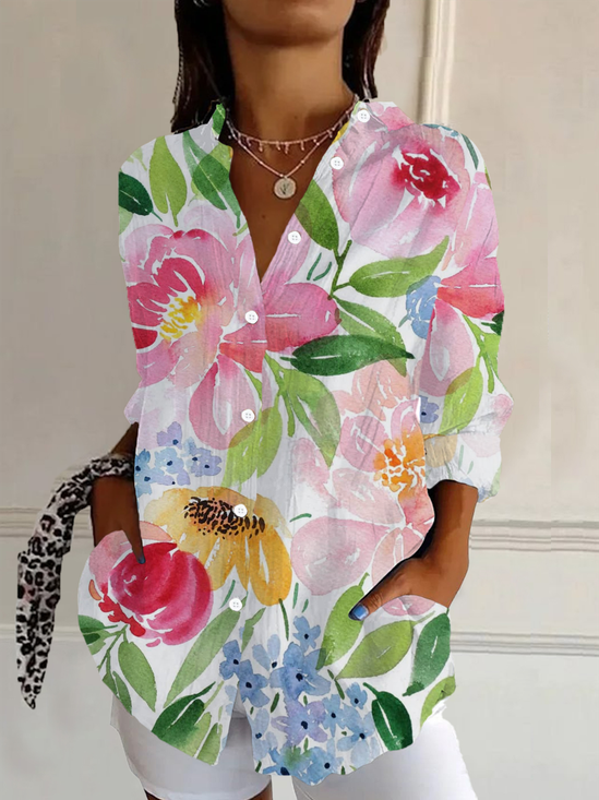 Shirt Collar Long Sleeve Floral Buckle Regular Loose Button Up Shirt Shirt For Women