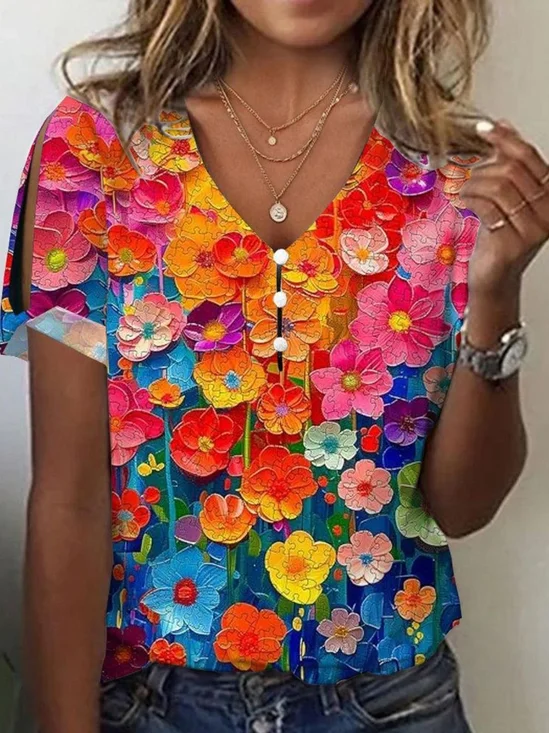 Casual Floral V Neck Short Sleeve T-shirt