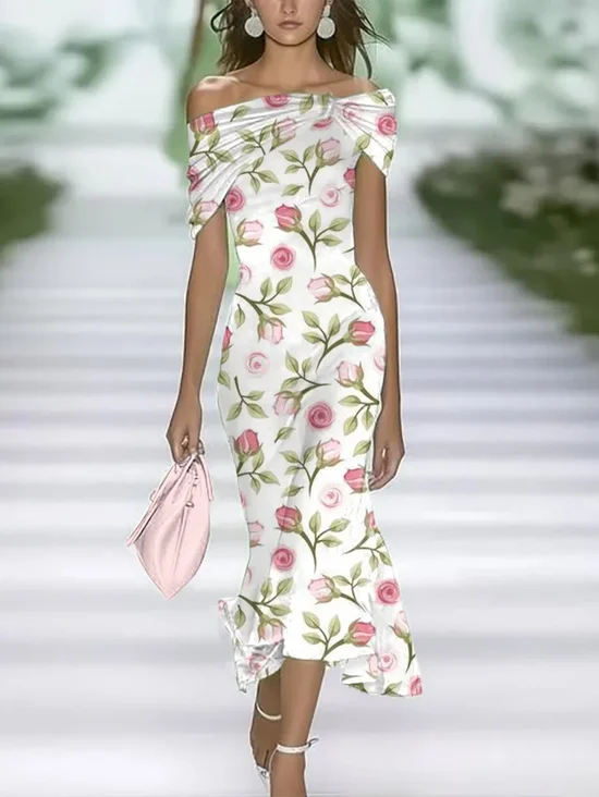 Women Floral Summer Printing
                                    Dress Cold Shoulder Cap Sleeve
                                    H-Line Dress
