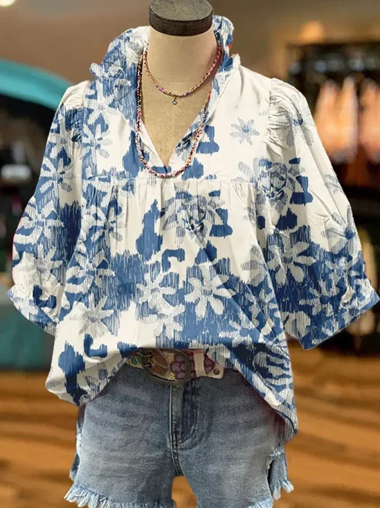 Shawl Collar Half Sleeve Floral Regular Loose Blouse For Women