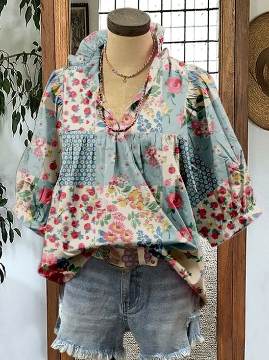Shawl Collar Half Sleeve Floral Regular Loose Blouse For Women