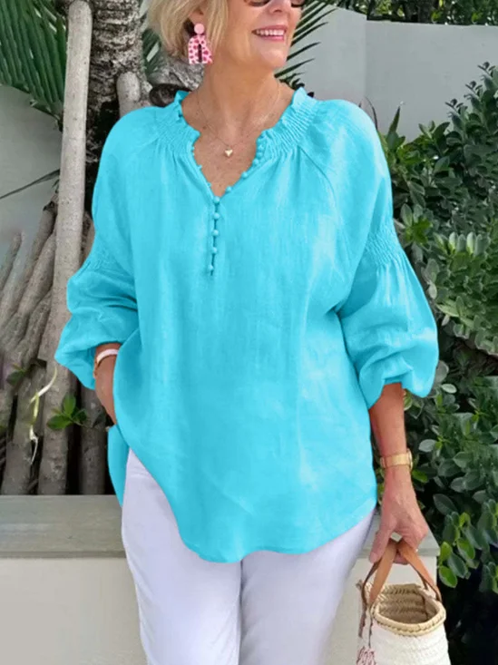 Half Open Collar Long Sleeve Plain Pullover Lightweight Loose Blouse For Women