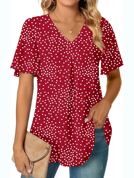 V Neck Short Sleeve Floral Regular Micro-Elasticity Regular Fit Shirt For Women