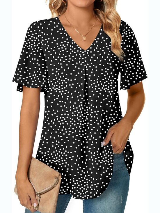 V Neck Short Sleeve Floral Regular Micro-Elasticity Regular Fit Shirt For Women