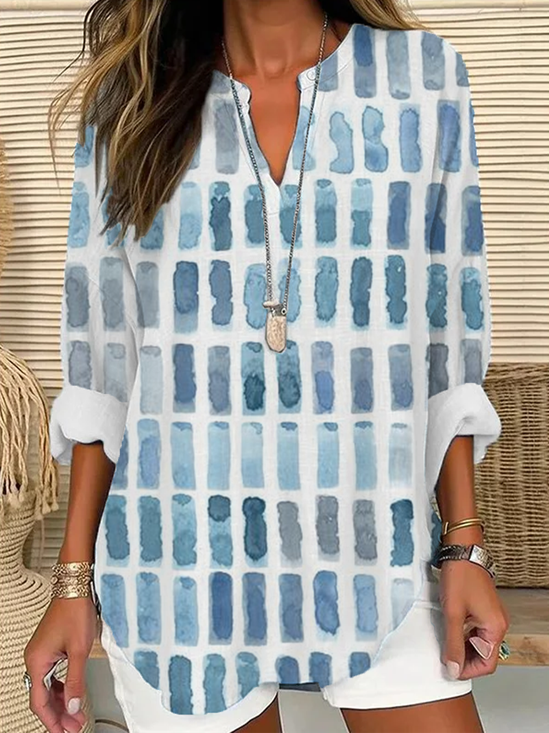 V Neck Long Sleeve Geometric Printing Regular Loose Blouse For Women