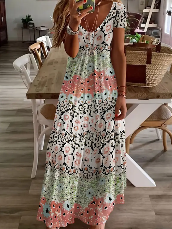 Women Floral Summer Printing Dress V Neck Short Sleeve X-Line Dress